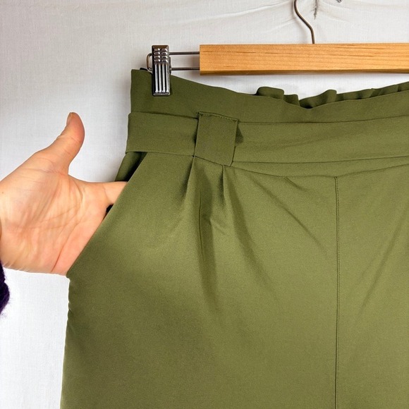 Paper Bag Pants Sz Large Olive Green Bow Tie Pull On High Waist Tapered Ankle - Picture 4 of 13